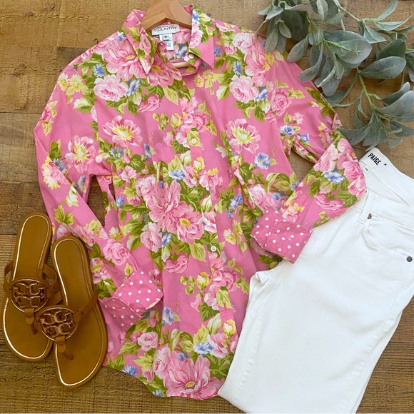 Tops - Gorgeous Pink + Green Floral Button-Up Shirt